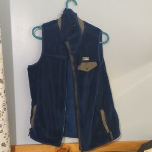 LL Bean Blue and Tan Fleece Vest Large